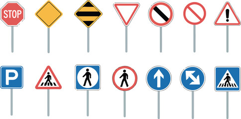 A collection of 12 traffic signs arranged in two rows against a white background.