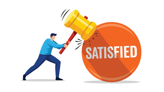 Man smashing 'SATISFIED' with a mallet, symbolizing ambition, growth, and overcoming complacency