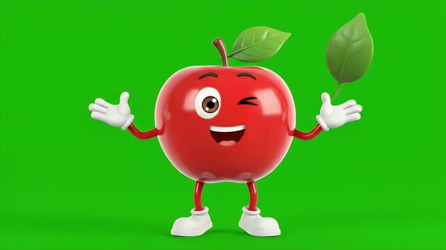 A cheerful animated apple character with expressive eyes and a big smile demonstrating various playful gestures and emotions against a bright green background, suitable for childrens educational.