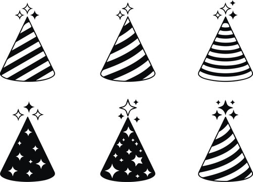 A set of six black and white party hat illustrations arranged in a 2x3 grid. Each hat is a triangular party hat shape with diagonal striped patterns.