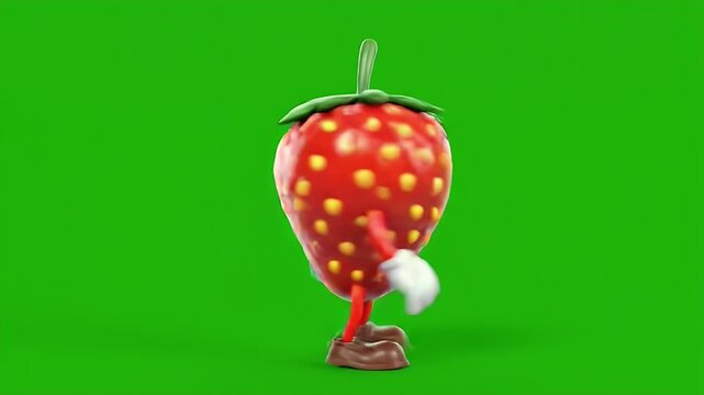A cheerful animated strawberry character with expressive eyes and a big smile is dancing and waving its arms in a lively manner against a vibrant green background, creating a fun and playful scene.