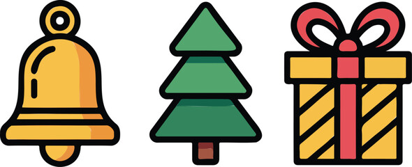Naklejka premium A simple, flat design illustration of three classic Christmas icons arranged horizontally.