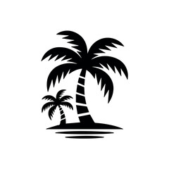 Obraz premium A stylized black silhouette icon showcases two tropical palm trees, one large and one small, standing on a small island above subtle water ripples, set on a white background.