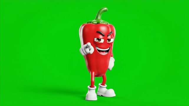 Animated red chili pepper character with expressive facial expressions and dynamic poses performing energetic dance moves on a vibrant green background for entertainment and advertising.