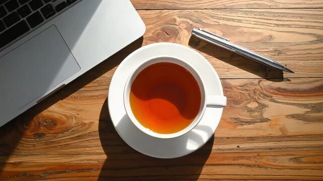 Morning light on a workspace with laptop, tea cup, and pen