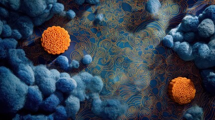 Fototapeta premium Abstract Arrangement with Orange Spheres Amidst Blue Textured Forms on a Field of Orange Dots Creates a Microscopic Biological or Celestial Impression