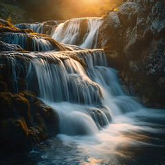 Fototapeta premium Cascading waterfalls in a serene landscape nature photography golden hour tranquil environment scenic view