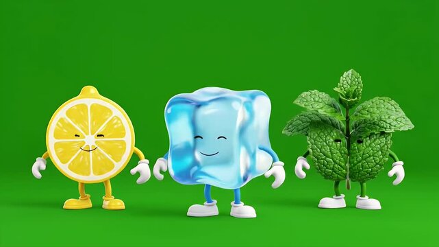 Animated characters representing a lemon, ice cube, and mint plant are interacting playfully on a vibrant green background, showcasing a fun and lively scene suitable for health, wellness, or food.