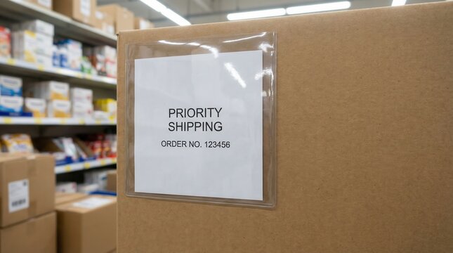 drop shipping store box clock logistic concept. Cardboard box labeled for priority shipping in a storage area.