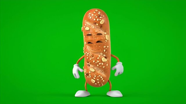 A cheerful animated breadstick character with expressive eyes and a big smile is shown in various poses on a vibrant green background, creating a playful and lively scene suitable for advertising.