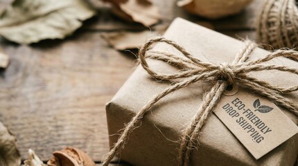 drop shipping store box clock logistic concept. Eco-friendly wrapped gift with rustic decor and tag on wooden surface.