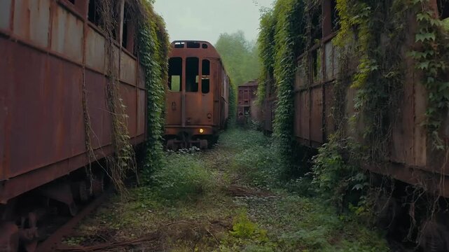Rusted Train Graveyard Slow Push Forward - Video