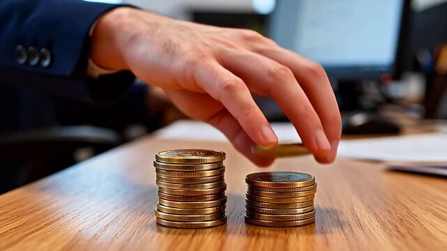 Stacks of coins on wooden desk