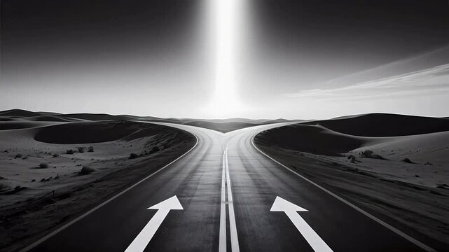 Split road in desert with light above