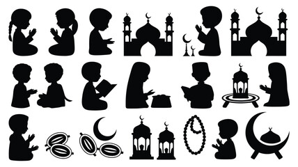Ramadan silhouette collection kids praying mosques lanterns and symbols on white background