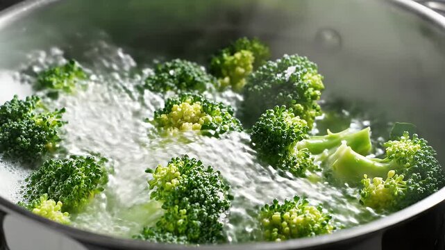 Fresh broccoli florets bubbling in a pot of boiling water