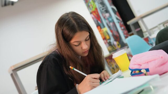 young student studying at desk, bright classroom scene with female teenager writing notes using pencil and notebook, pink pencil case and yellow cup on table, quiet focused atmosphere for exam