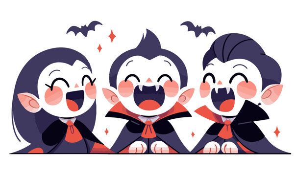 Trois adorables petits vampires riant joyeusement, avec des chauves-souris et des &eacute;toiles scintillantes en arri&egrave;re-plan.