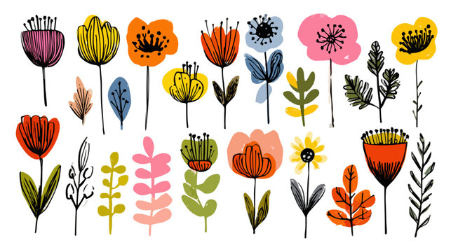 Ensemble de fleurs et feuilles stylis&eacute;es et color&eacute;es, dessin&eacute;es &agrave; la main, sur fond transparent.