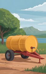 Vibrant yellow water trailer in serene rural landscape with mountains