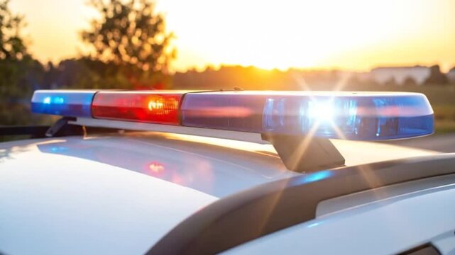 Emergency vehicle with ing red and blue lights during a sunset, signaling urgency.