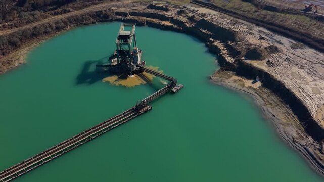 Dredging machine extracting sand and gravel from a quarry lake