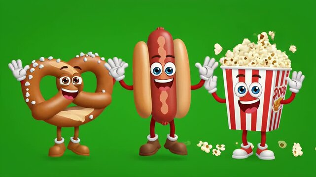 Animated characters of a cheerful pretzel, hot dog, and popcorn box celebrating together on a bright green background, showcasing a fun and lively scene of snack food mascots enjoying a playful.