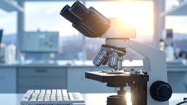 Microscope in a laboratory setting with test tubes and computer screens in background.