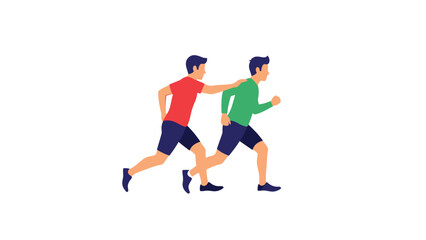 Obraz premium Teamwork and support in running: one man pushing another forward, illustrating motivation and partnership in a race.