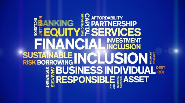 Financial inclusion animated word cloud-text design animation tag kinetic typography seamless loop.