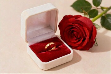 A classic gold wedding band sits inside a white velvet jewelry box with a vibrant red rose lying gracefully in the background.