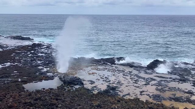Kauai Blowhole with Pacific Ocean in the Background, Aerial Drone Shot I