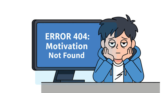 Burnout concept: Tired person facing 'Error 404: Motivation Not Found' on computer screen, depicting fatigue and lack of drive.