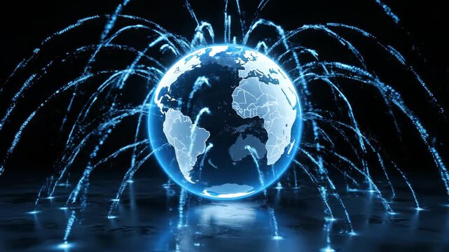 Futuristic 3D rendering of Earth globe glowing blue with continents Africa and Europe, surrounded by a network of blue lines and dots forming a web, reflected on a dark metallic surface