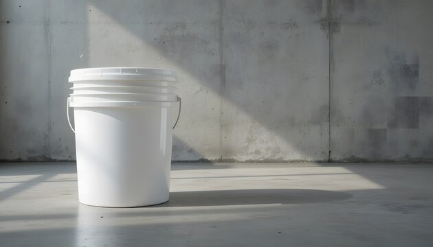 A white bucket placed on a concrete surface with sunlight casting a shadow. 5 gallon pail