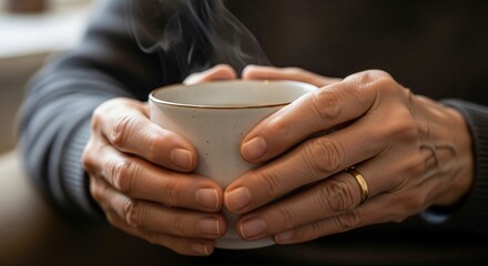 Hands cradling a steaming mug of warm beverage, exuding comfort