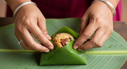Hands wrapping savory rice filling in large green leaf