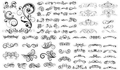 Calligraphic swirl floral ornaments. Modern swirling flourishes, wreath, romantic card decorative swirl and wedding card decor curls swirls dividers set. Black curly thin lines © Umme