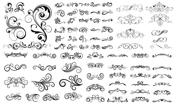 Calligraphic swirl floral ornaments. Modern swirling flourishes, wreath, romantic card decorative swirl and wedding card decor curls swirls dividers set. Black curly thin lines