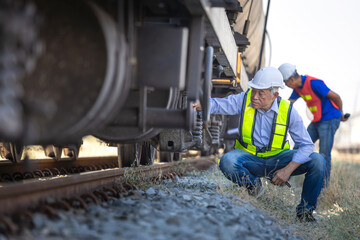 Railway inspector examining freight train undercarriage during safety check at outdoor rail yard, Senior engineer performing detailed inspection of rail car suspension system