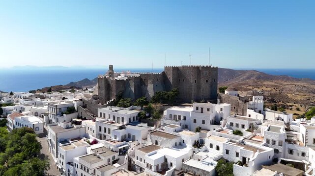 Aerial shot rising over Monastery of Saint John the Theologian, Patmos, Greece