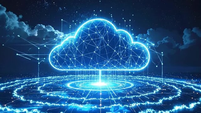 Abstract cloud comg concept with glowing network connections and data transfer.