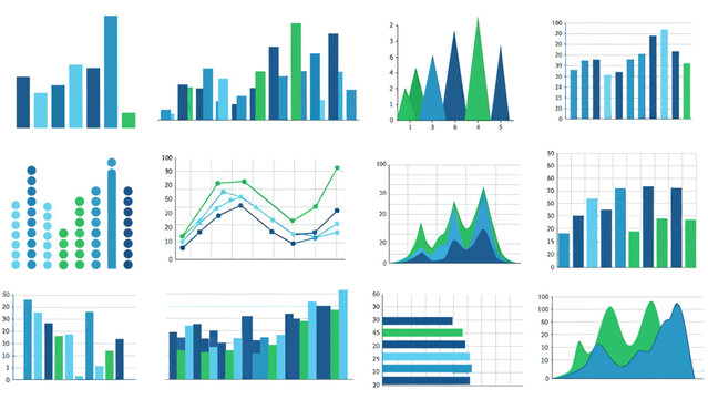 Assorted data visualization charts and graphs in a colorful infographic collage showcasing analytics.