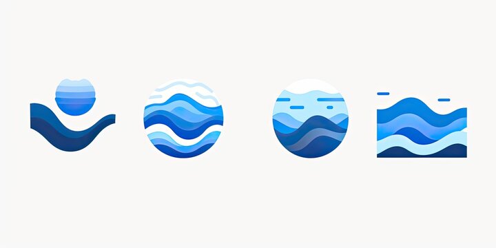 Four abstract ocean wave illustrations in shades of blue. Designs use curves and circles