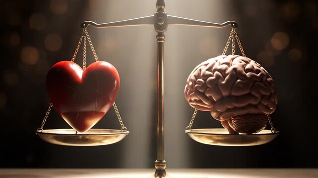 Conceptual balance between emotions represented by a heart and intellect represented by a brain.