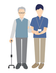 高齢者の歩行介助をする介護士のイラストベクター素材