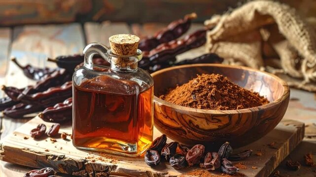 Carob powder and syrup in a glass bottle, healthy alternative to chocolate.