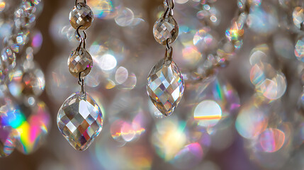 Close up of hanging faceted crystal prisms with rainbow light effects