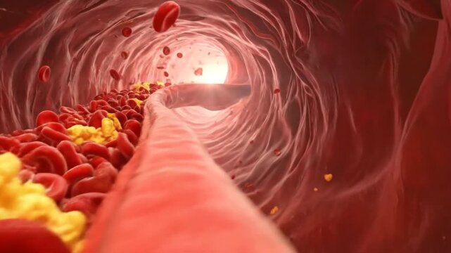 Illustration of red blood cells and cholesterol plaque inside a blood vessel.