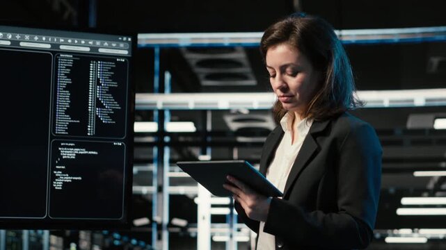Data center software developer using deep learning AI model to monitor industrial automation systems. Server hub worker uses neural network LLM chatbot to oversee equipment performance, camera B